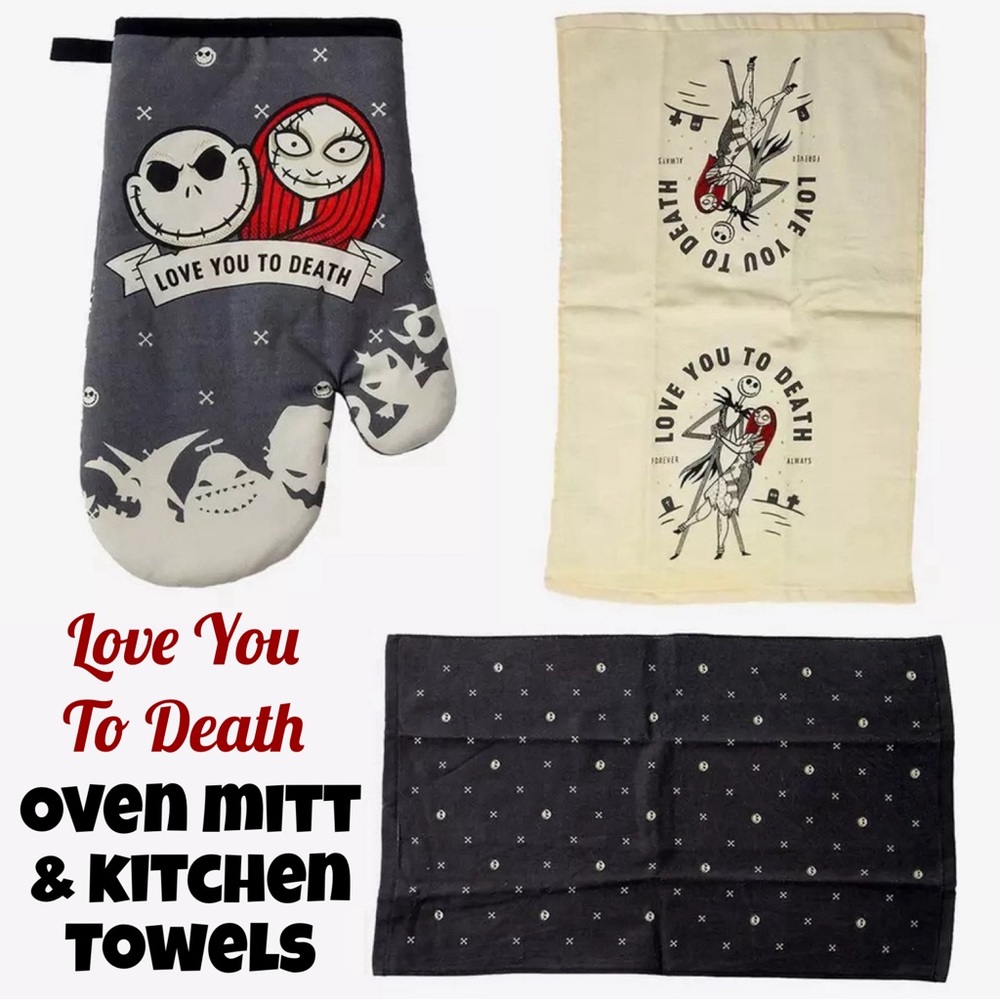 THE NIGHTMARE BEFORE CHRISTMAS Love You To Death OVEN MITT & 2 KITCHEN TOWEL SET